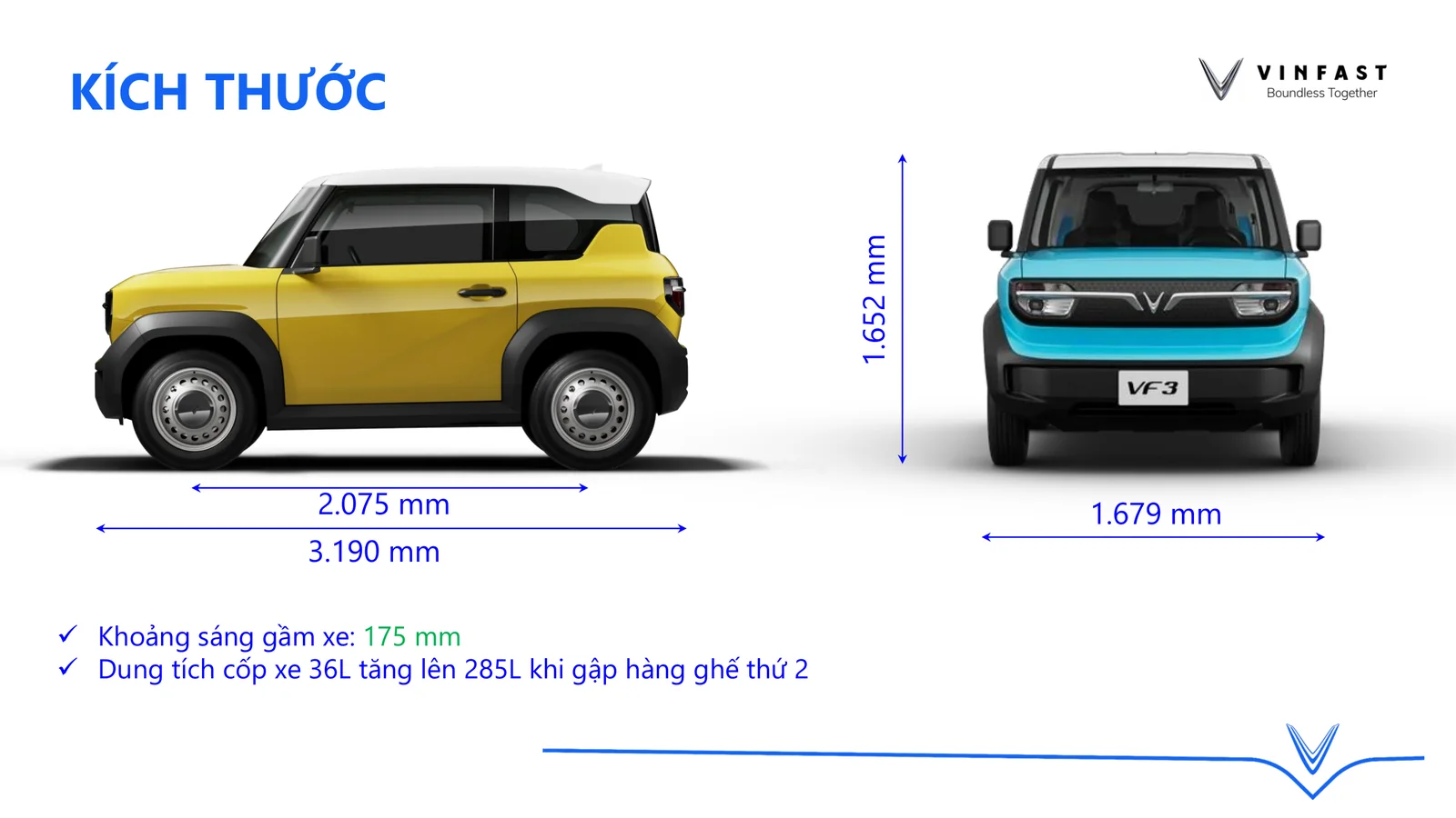 Kích thước VinFast VF3 dài 3.190 mm, rộng 1.679 mm, cao 1.652 mm