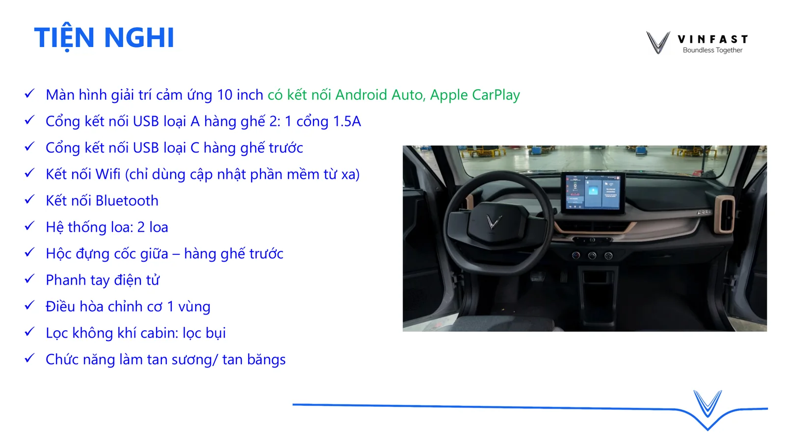 Tiện nghi VinFast VF3 với màn hình 10 inch, Apple CarPlay và Android Auto