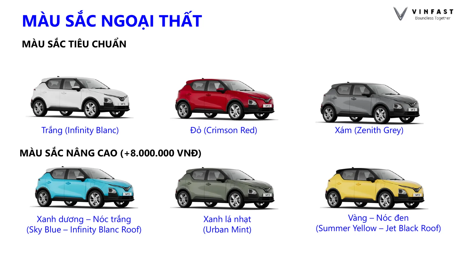 Bảng màu ngoại thất VinFast VF5 tiêu chuẩn và nâng cao