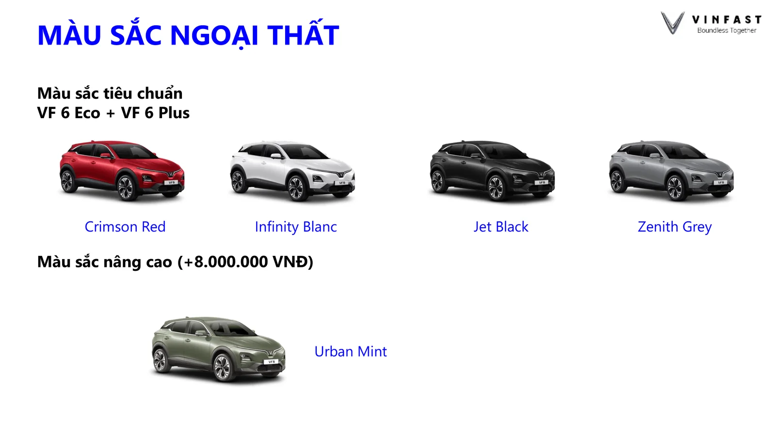 Bảng màu ngoại thất tiêu chuẩn và nâng cao của VinFast VF6