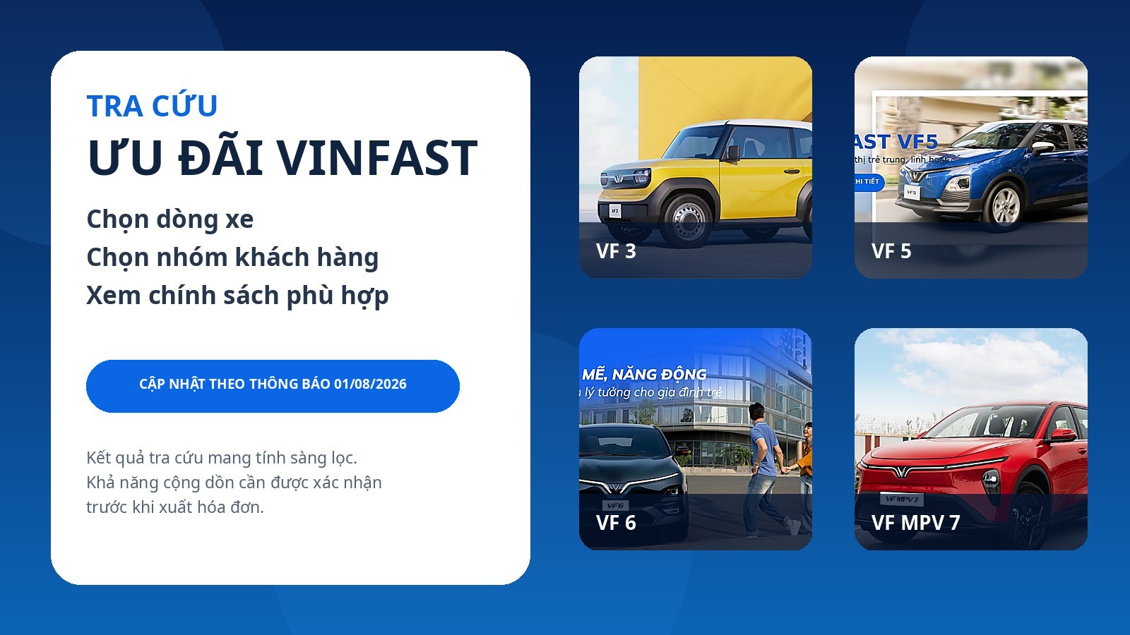 Công cụ tra cứu ưu đãi VinFast theo dòng xe và nhóm khách hàng