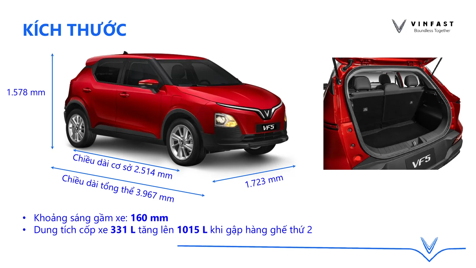 Kích thước VinFast VF5 và dung tích khoang hành lý